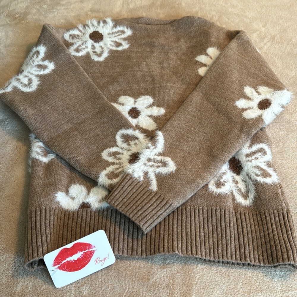 Brown Knit Cardigan/Sweater with Flower Detail. Sz S. NWT - Picture 8 of 8